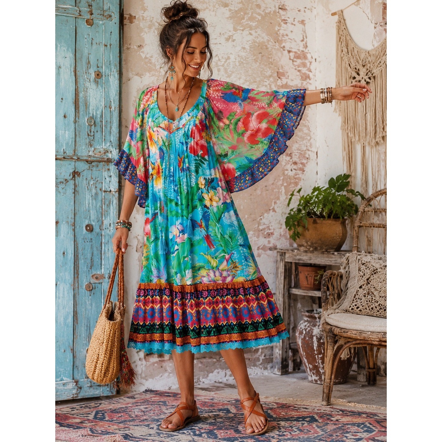 Boho Beach Summer Rare Lulalife Turquoise Tropical Parrot Floral Tassel S Dress