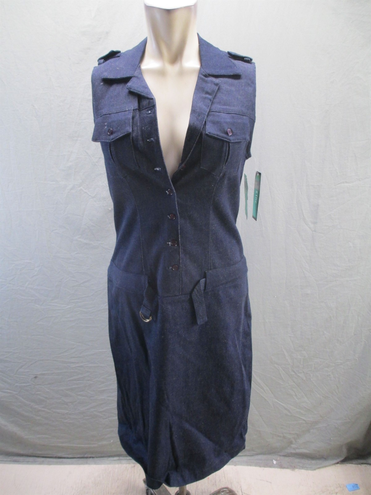 NWT Zinc Size 9 Womens Blue Belted Sleeveless Collared Straight Denim Dress 944