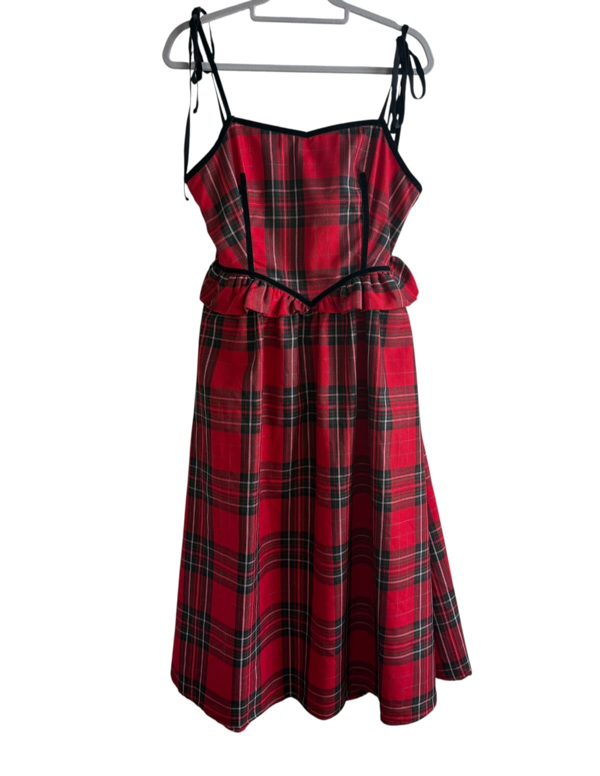 Vestique Red Tartan Plaid Corset Midi Dress L Open Back Tie Bow Holiday Lined