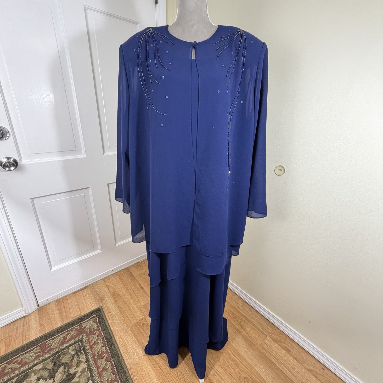 Patra 80s 90s Blue Chiffon Sleeveless Dress Jacket Set 24W Formal Bead Glam USA