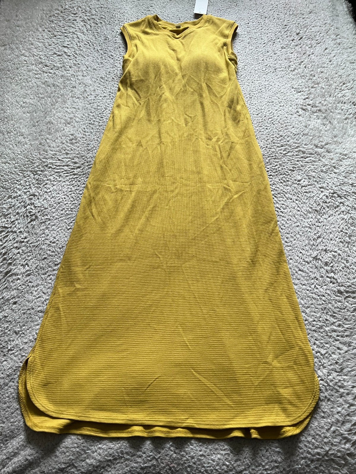 Uniqlo Women Waffle Built-in Bra Sleeveless A-Line Long Dress Yellow Size S