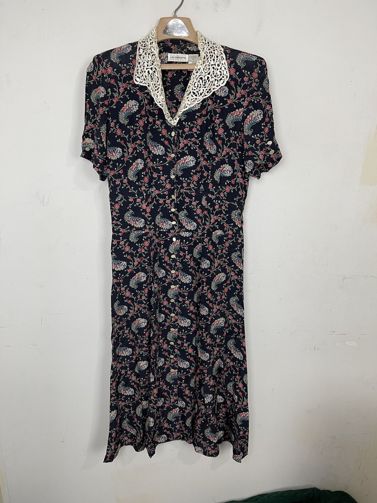 Liz Claiborne Petite Vintage Floral Paisley Midi Dress Lace Collar Navy Blue 10P