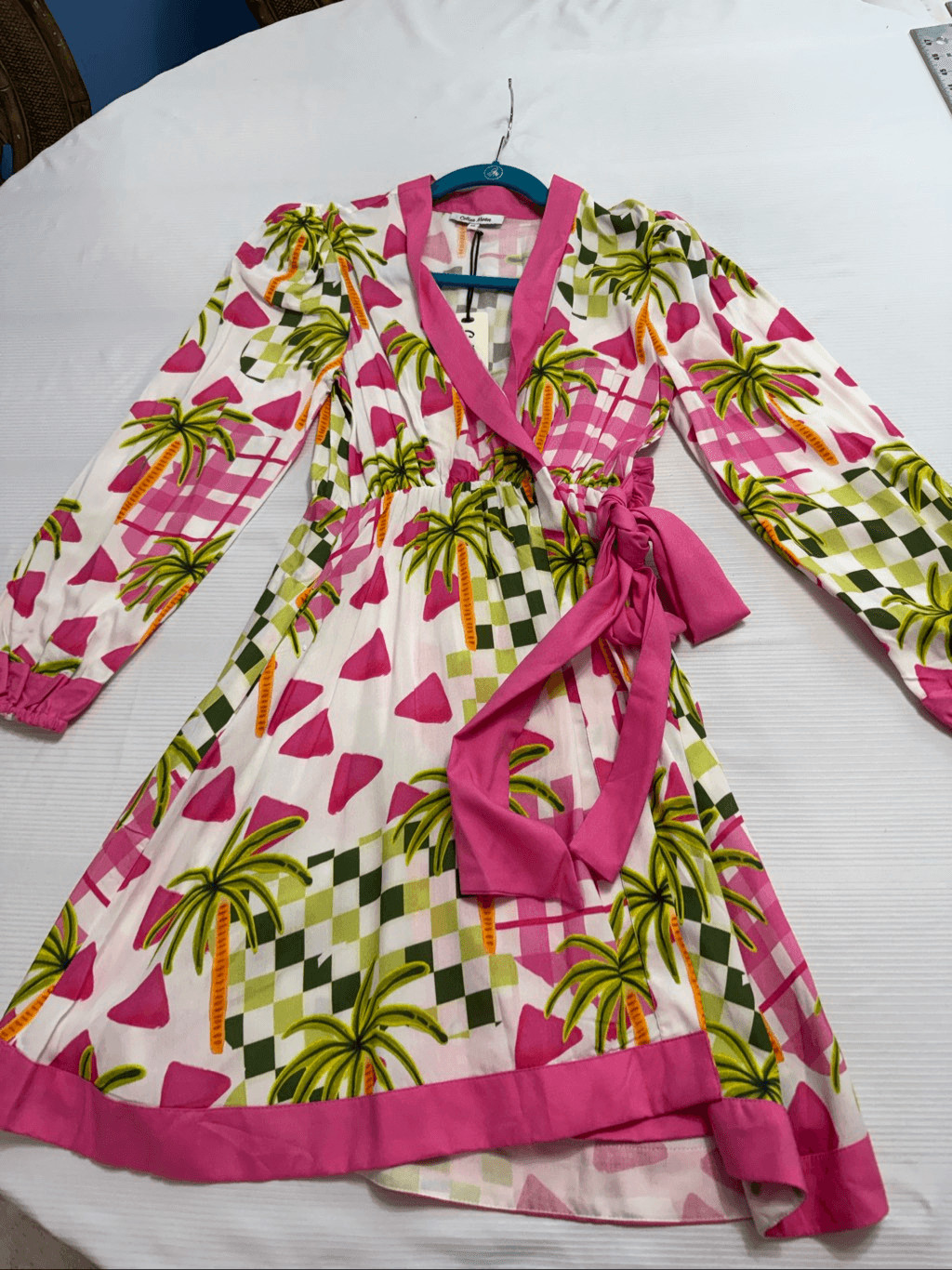 NWT Celina Moon Lomg Sleeve Palm Print Wrap Mini Dress Size XS New