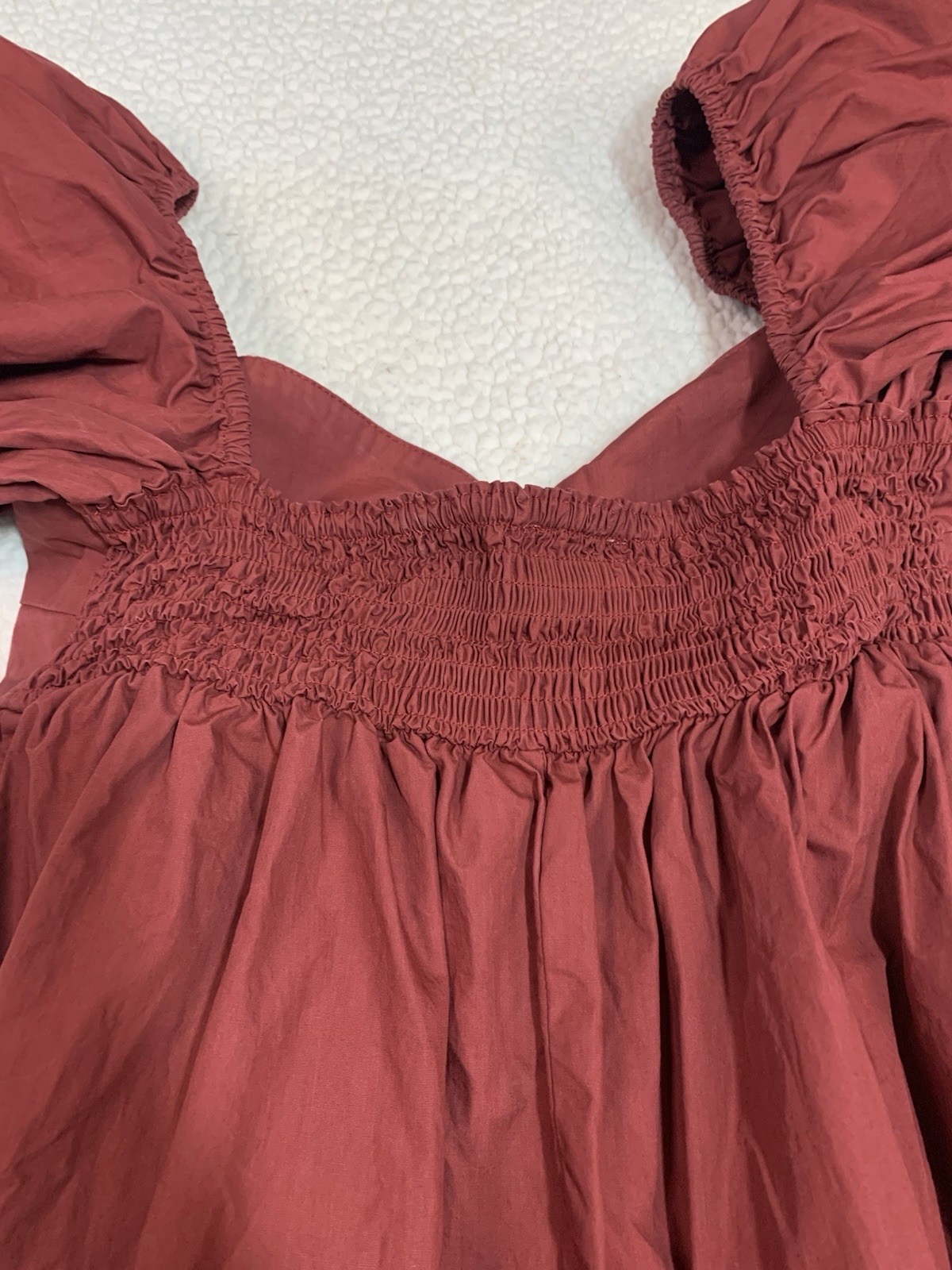 Olivaceous Red Smocked Puff Sleeve Babydoll mini Dress Women’s M forth of July