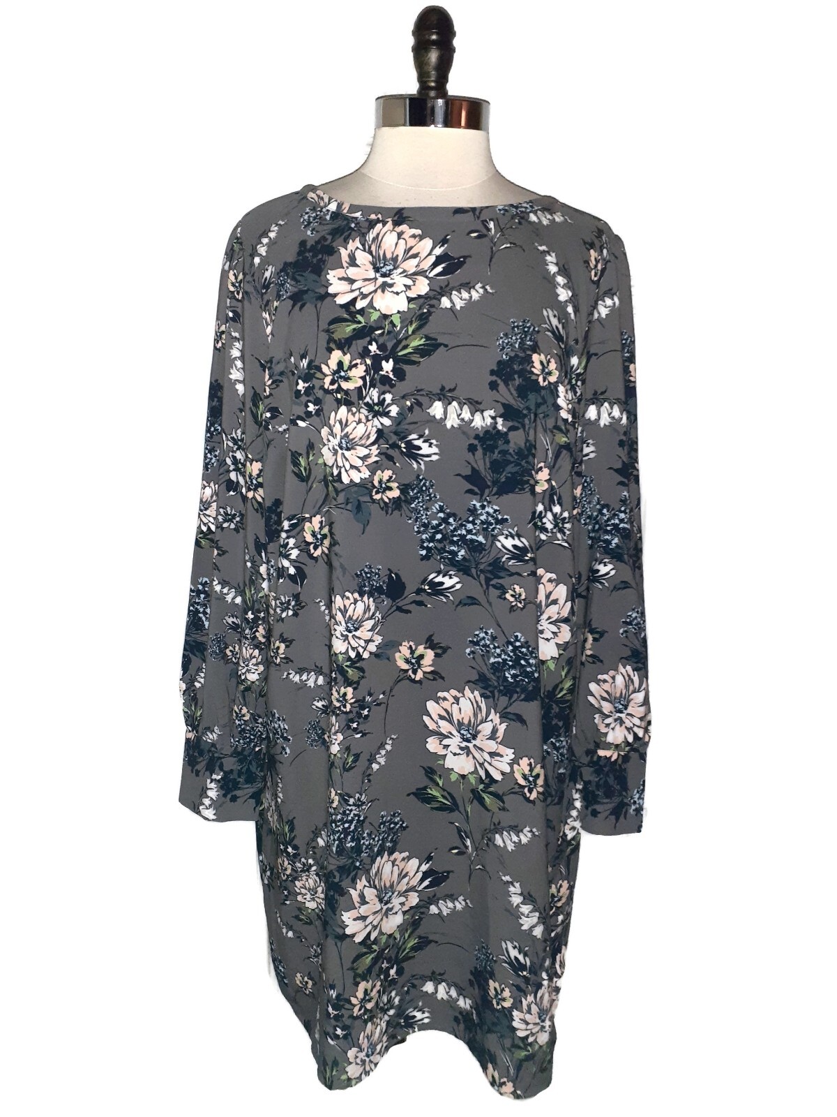 LOFT Size XL Shift Dress Grey Pink Floral Long Sleeve