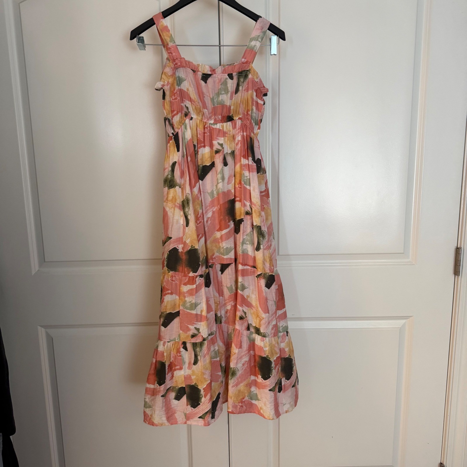 By the River Abstract Brushstroke Print Tiered Midi Dress Smocked Waist