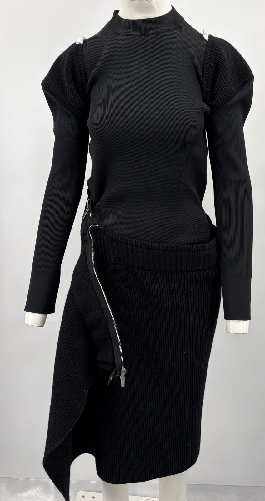 Sacai Fall 2023 Collection Black Knit Asymmetrical Midi Dress w/ Side Zip sz 2