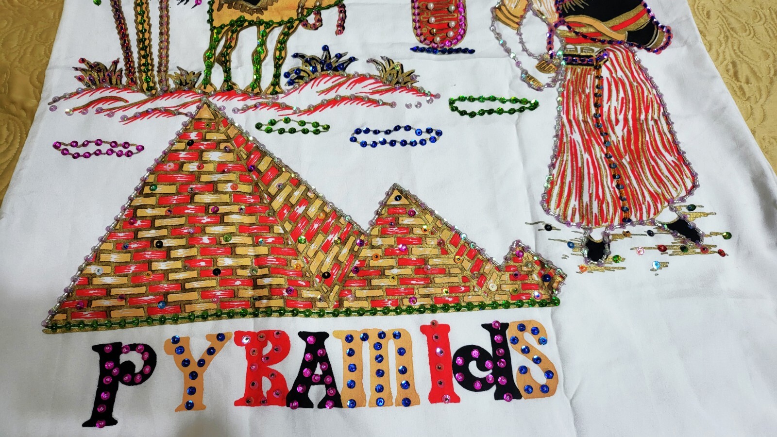 Handmade Egyptian Beaded Sequins Tut Ankh Amon White Kaftan Dress Galabia M. L.