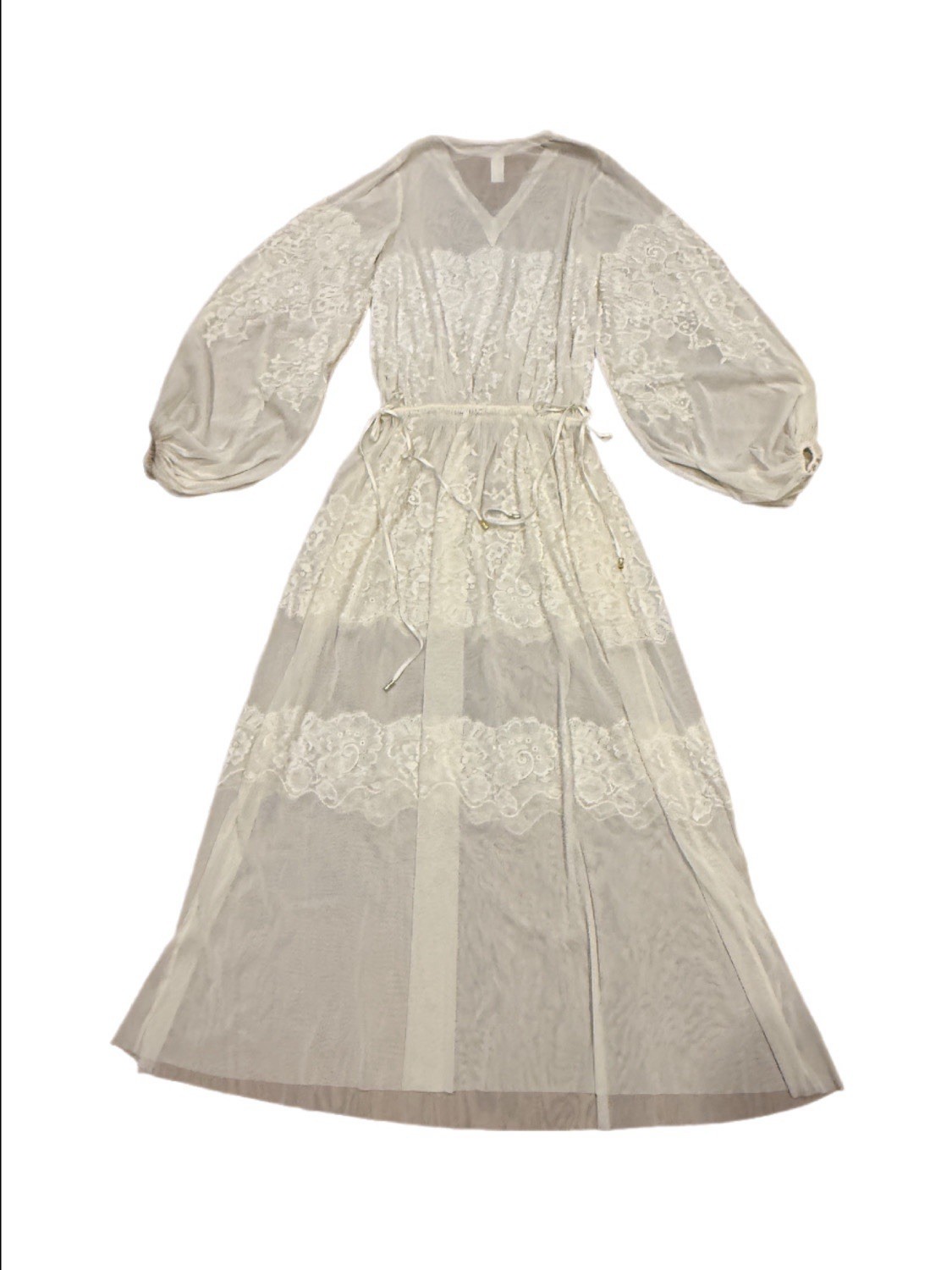 HAH Royal HAHness Eggshell Sheer Lace Maxi Dress XS/S Balloon Sleeve Pockets