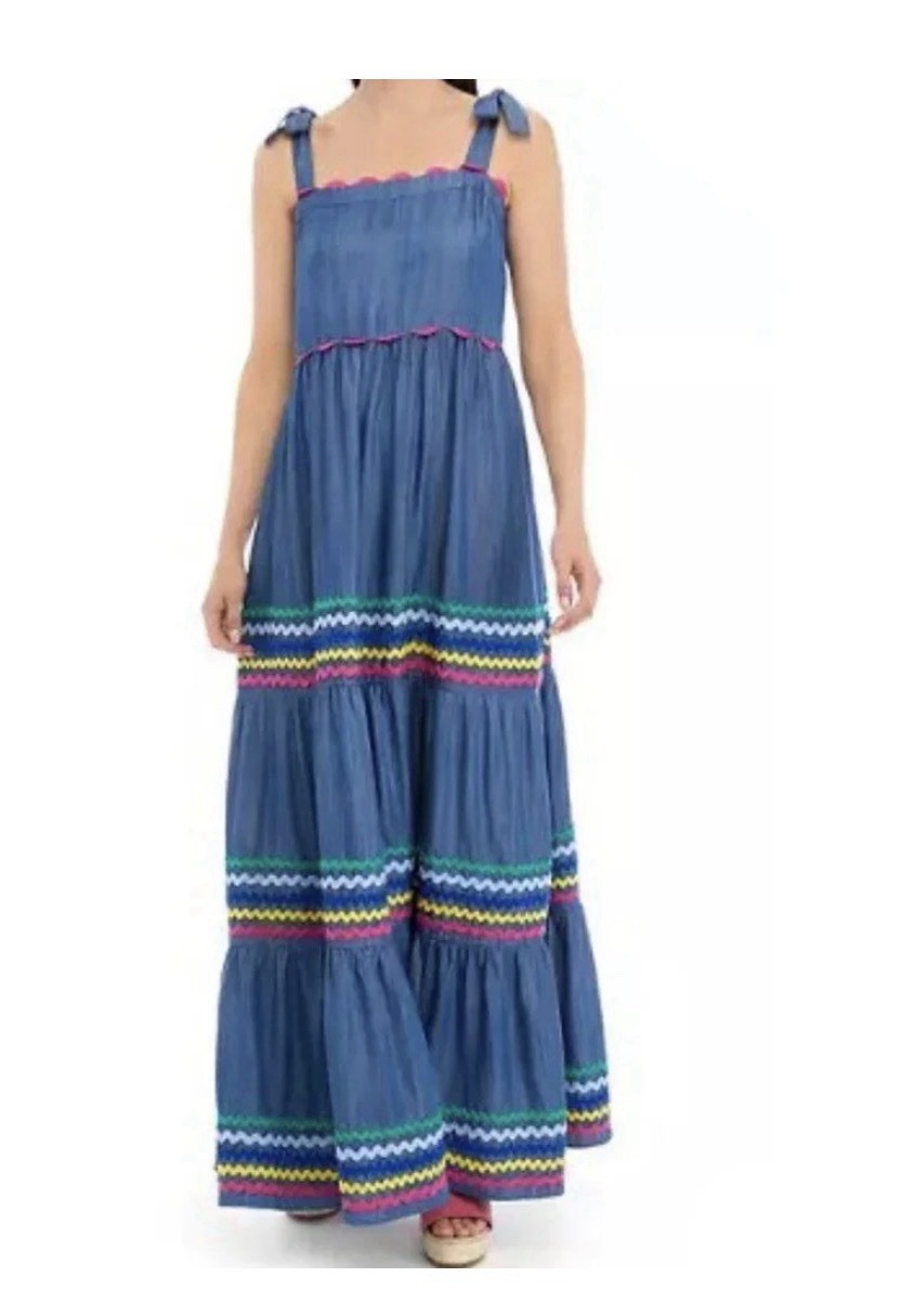 Crown & Ivy Women’s Sleeveless Tiered Ric Rac MaxiDress Size M Denim Color