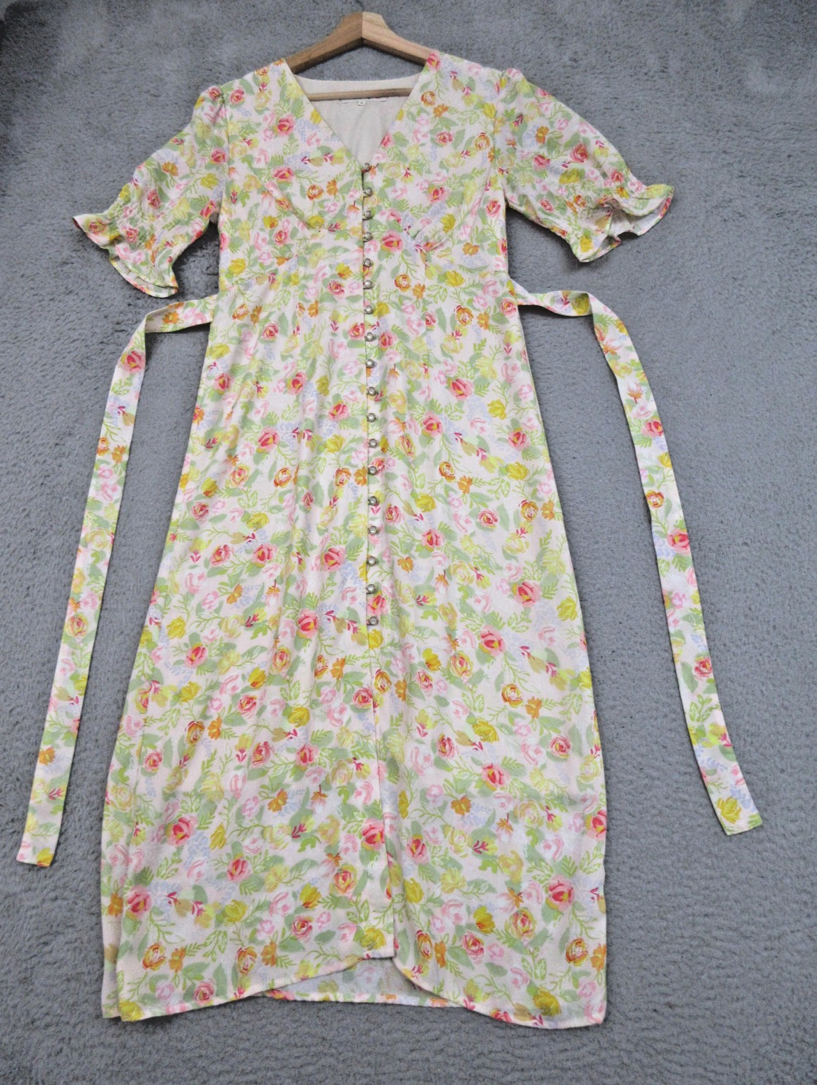 Simple Retro Shirt Dress Womens Medium Floral Chiffon Button Front Belted Long