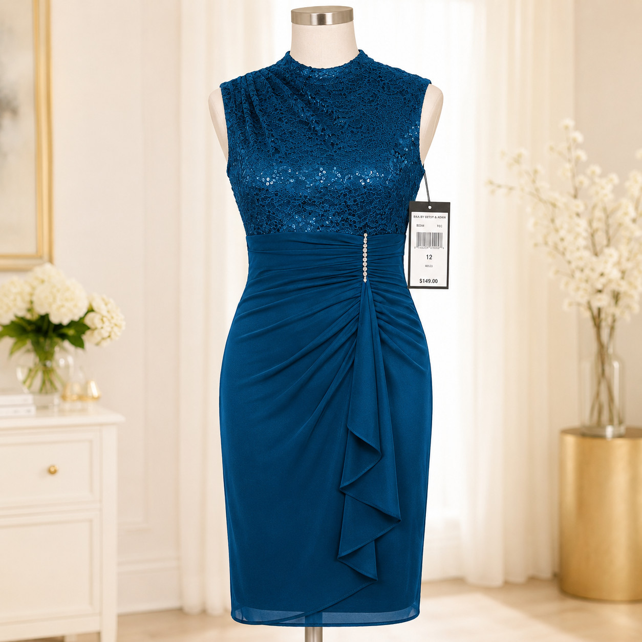NWT B&A by Betsy & Adam 12 Teal Sequin Lace Ruched Cocktail Dress
