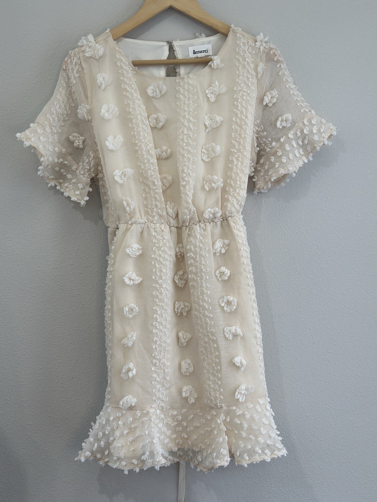 &Merci Ivory Textured Mini Dress 3D Pom Pom Floral Appliqués Size MEDIUM