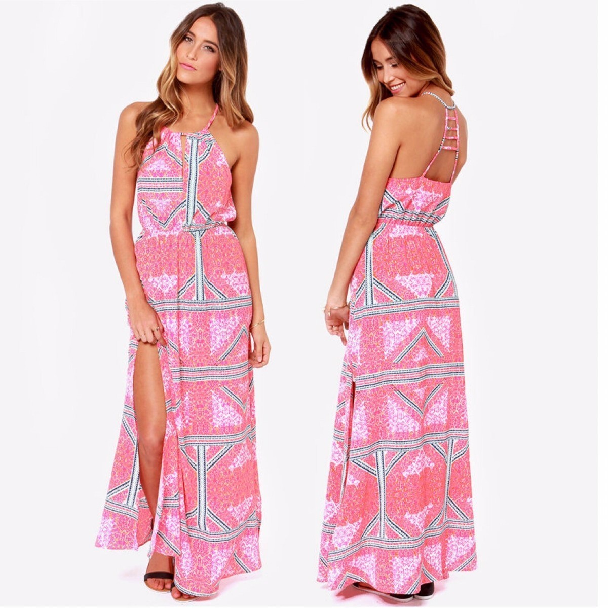 Minkpink Geometric Halter Maxi Dress Women Medium Pink Orange Backless Slit NWOT