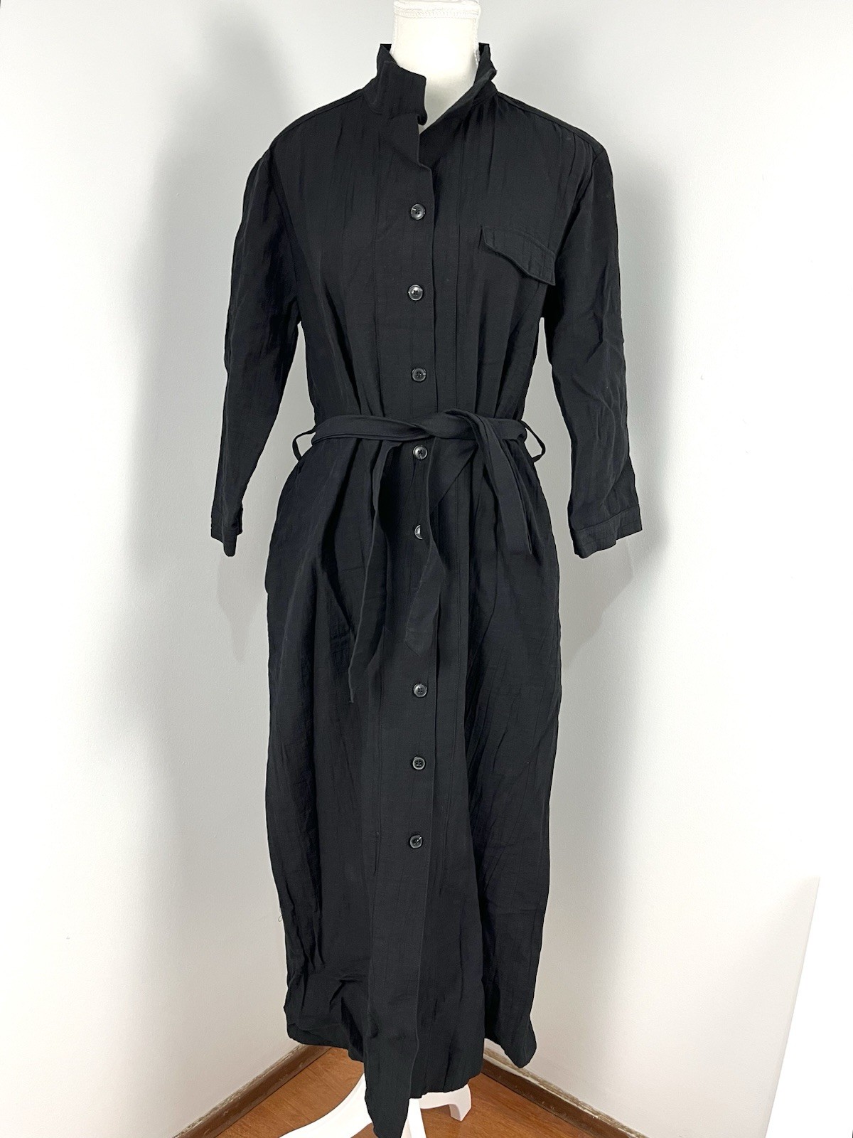 Zara Utility Shirt Dress Size Small Black Cotton Polyamide Blend Textured Belt