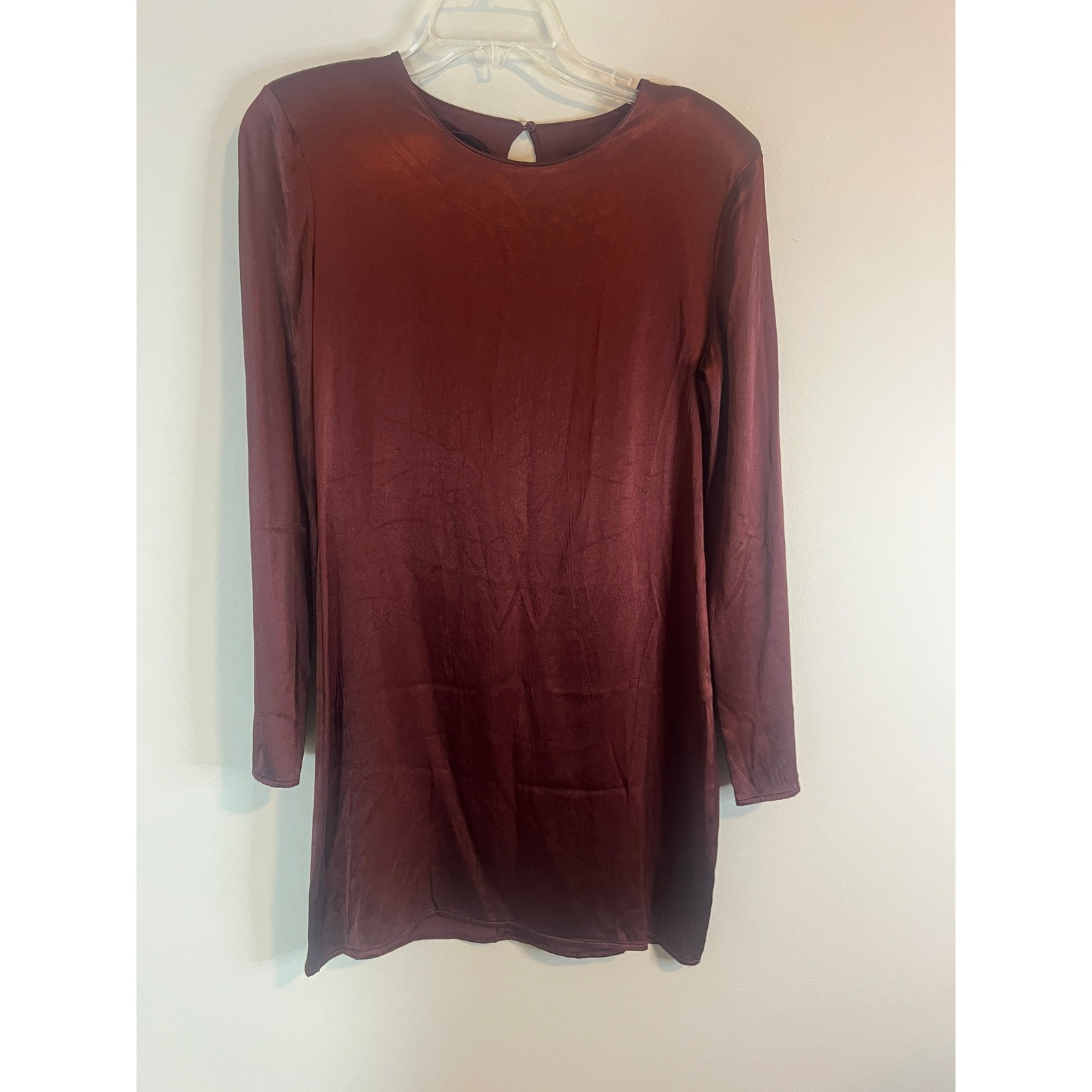 Zara Womens Burgundy Satin Long Sleeve Keyhole Back Mini Dress Size Medium Wine