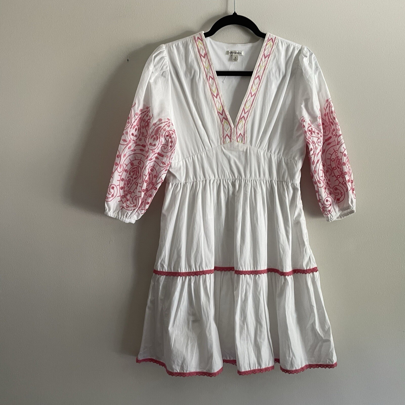 Versona Women S White Pink Eyelet Embroidered Boho V-Neck Tiered A-Line Sundress