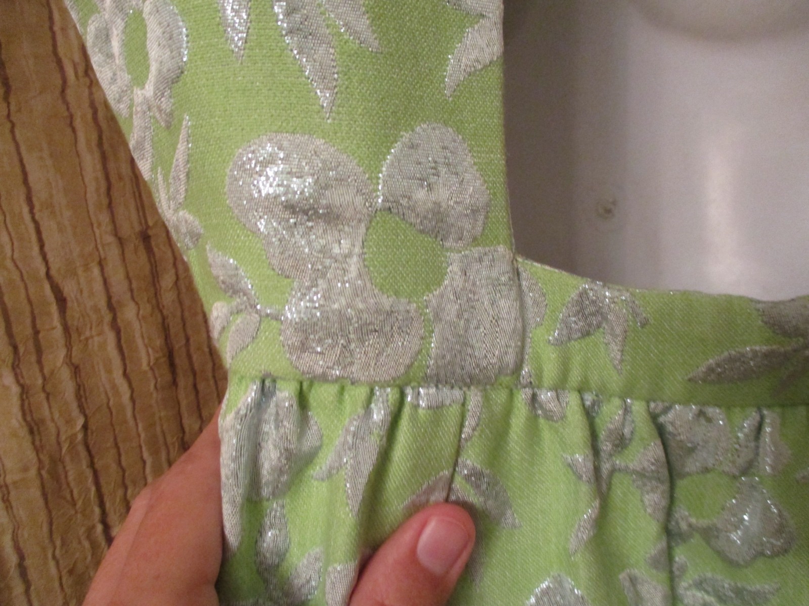 Lime Green & Silver metallic Brocade GOWN DRESS custom S M vintage 1960s