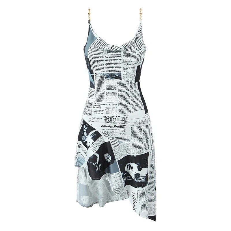 New Women Newspaper Letter Print Irregular Hem Sling Dresses Fashion Backless