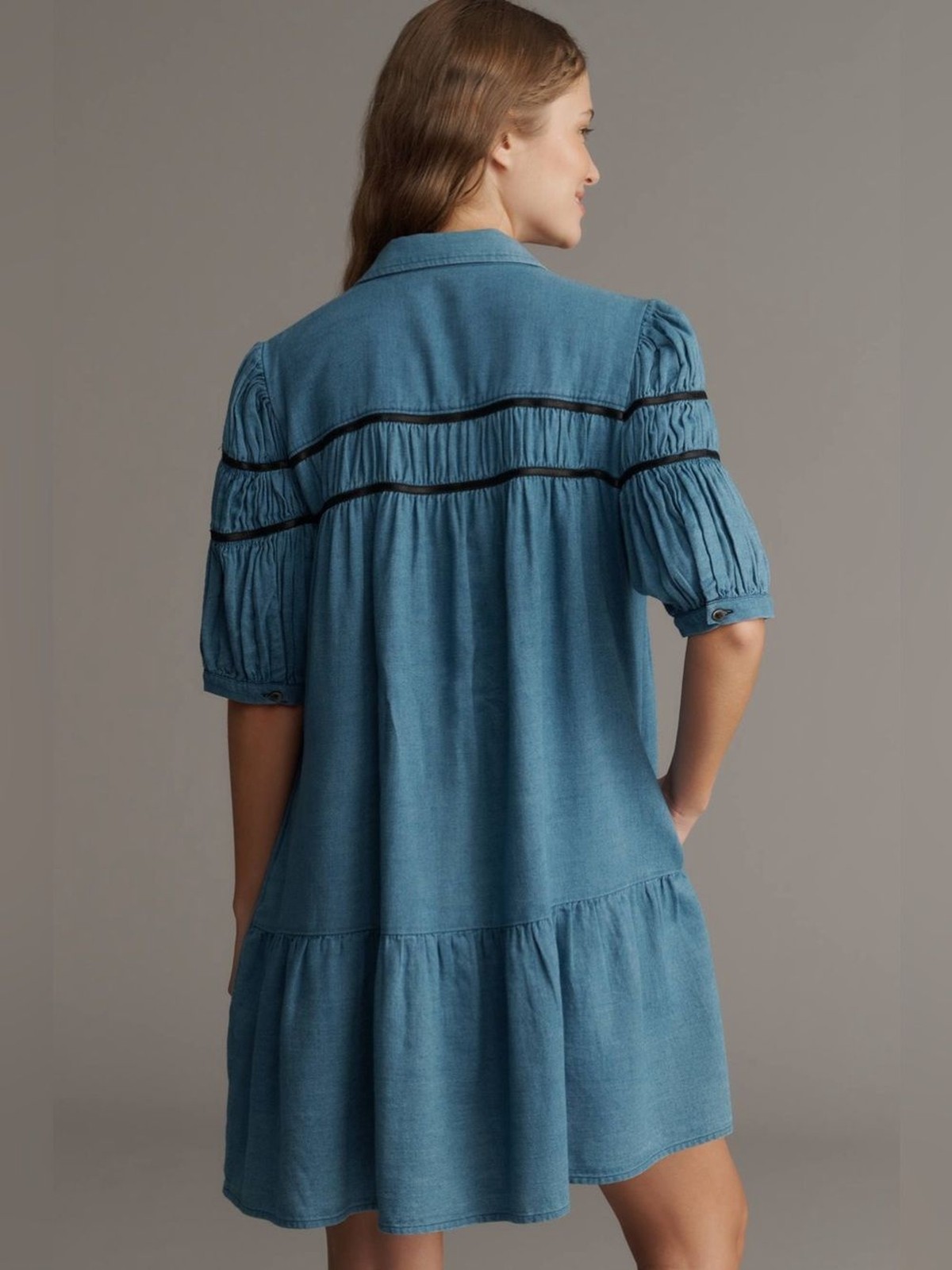 Maeve Anthropologie L Denim Button-Front Tiered Shirt Mini Dress