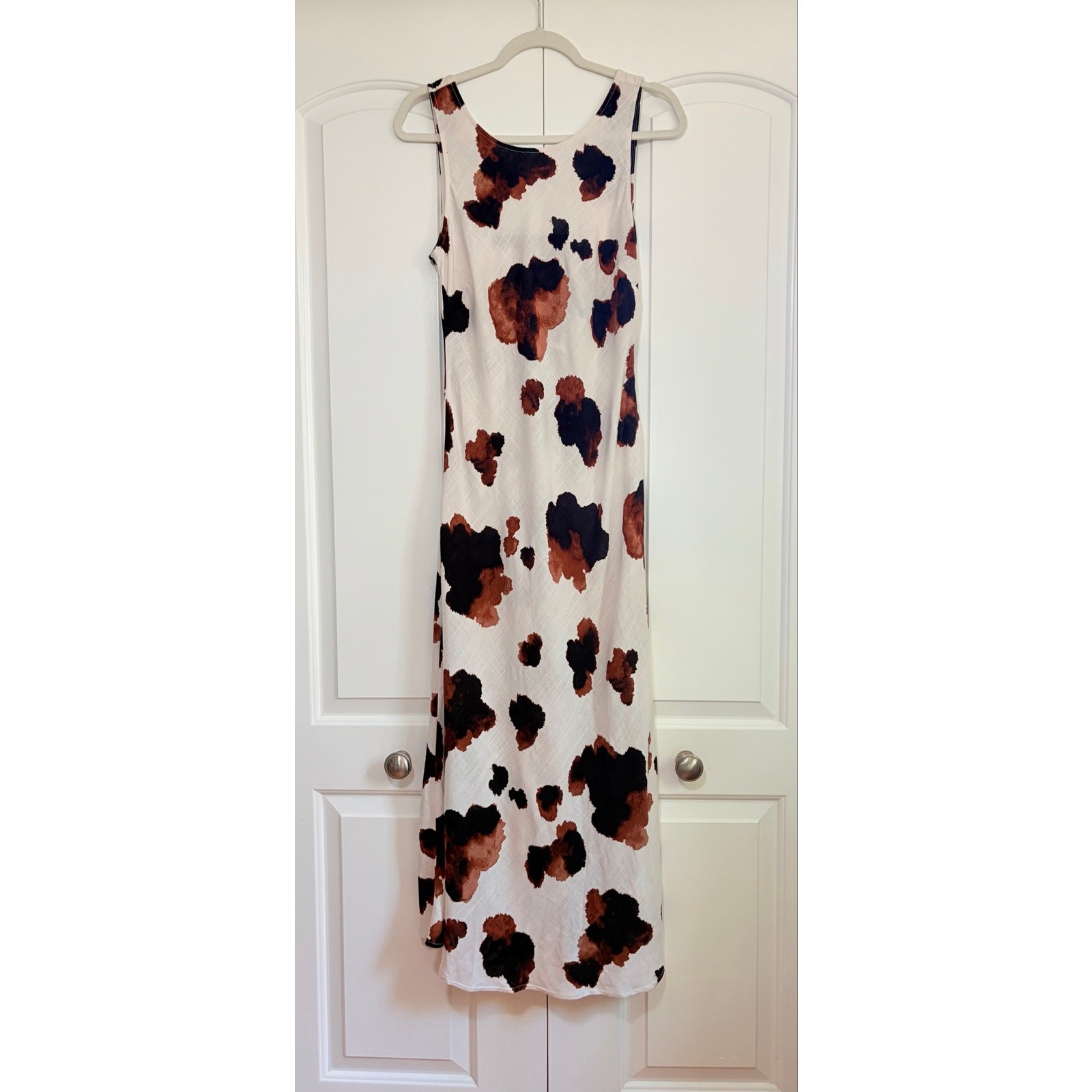 Paper Heart Midi Dress Women M Pony White Brown Cow Print Linen Blend Open Back