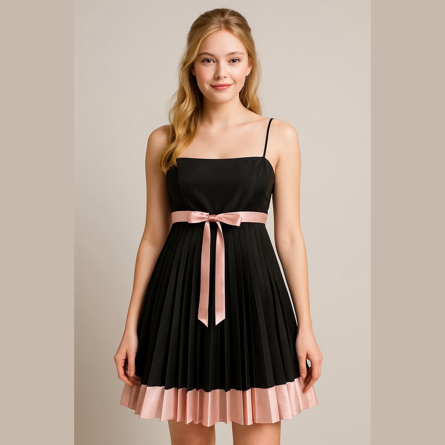 Vtg Jessica McClintock for Gunne Sax Black Pink Pleated Satin Cocktail Dress XS
