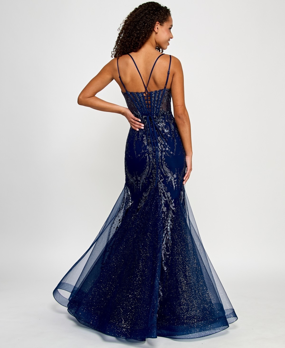 Say Yes Juniors’ Glitter Mesh Corset Mermaid Gown – Navy – 5/6 – Defect
