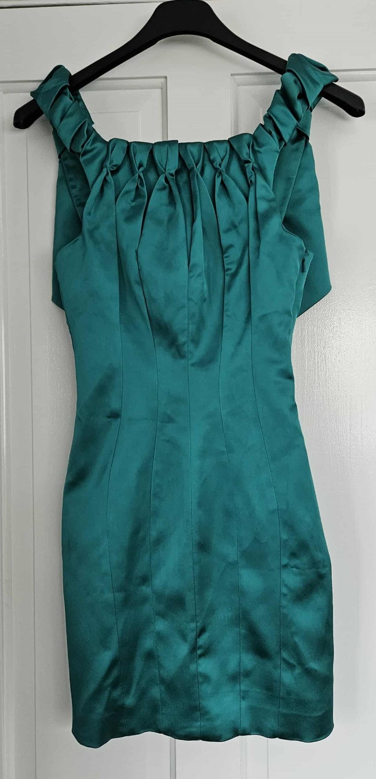 Karen Millen Cocktail Dress Size 6 Teal Satin Pleated Bow Shoulder Elegant Party