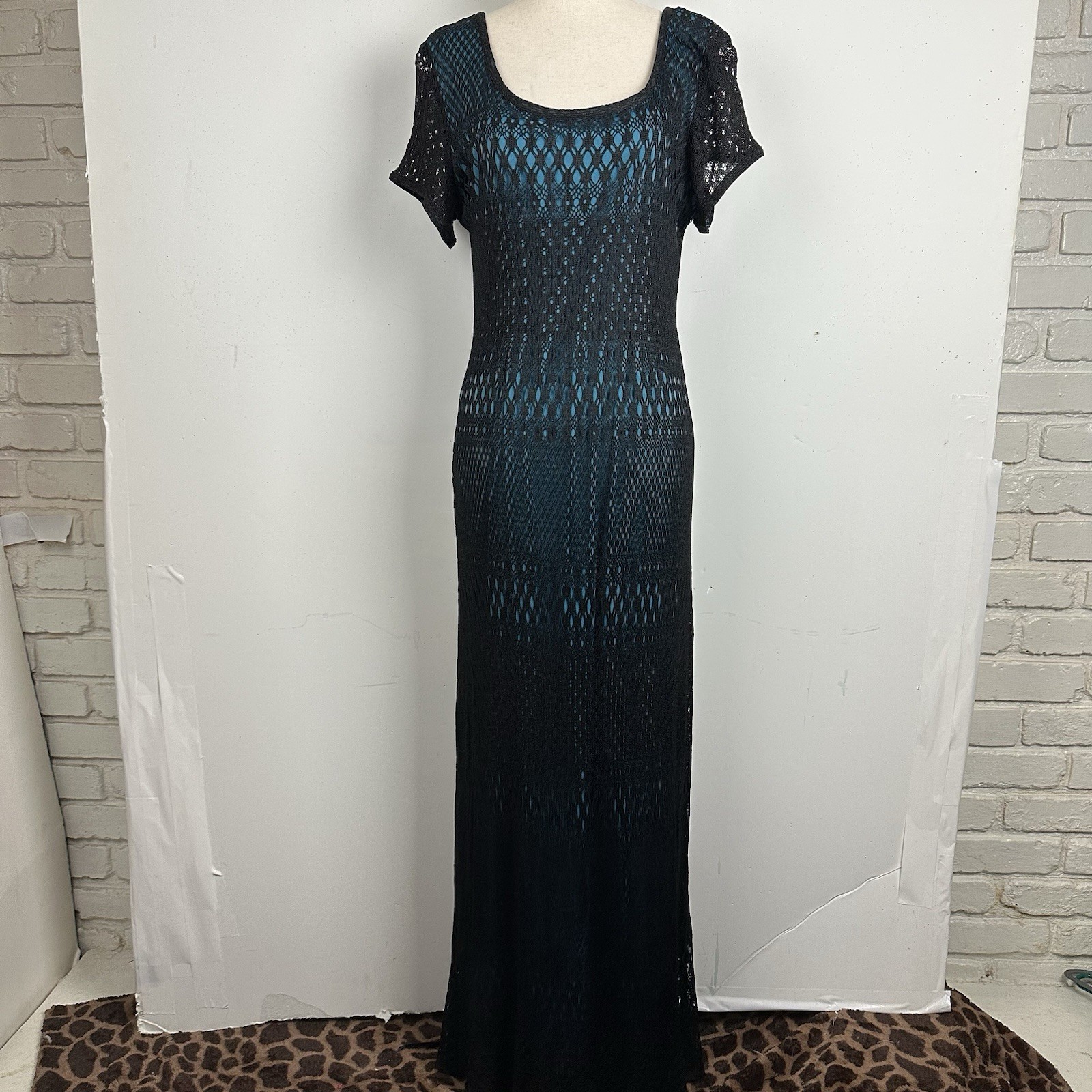 Vtg Maxi Dress Black Crochet Blue Lined 90s Y2K Whimsigoth Fairy Grunge Boho L