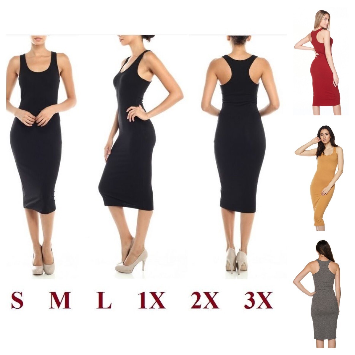 WOMEN COTTON SPANDEX RACERBACK SLEEVELESS TANK BODYCON PENCIL MIDI DRESS S-XL