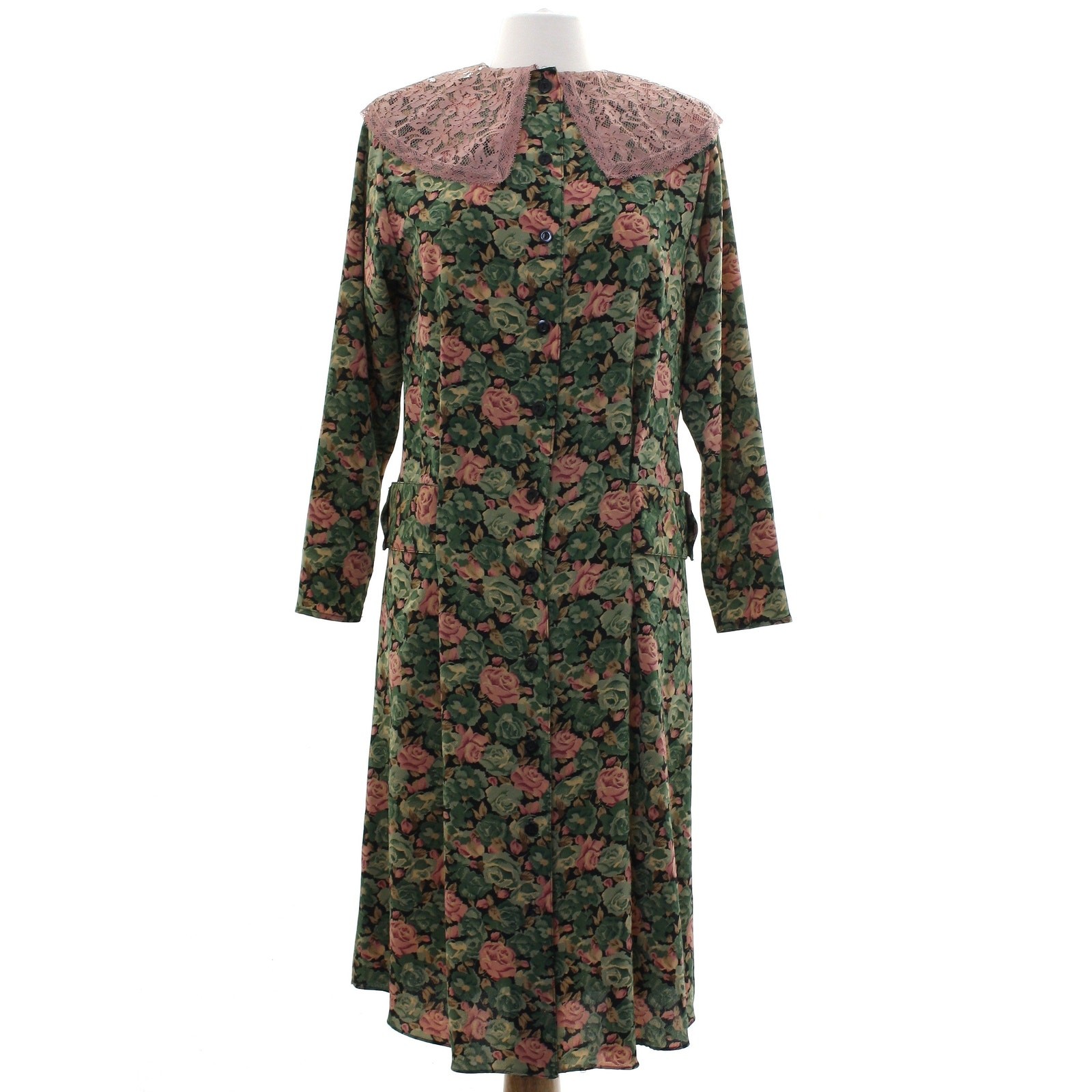 Vintage 80s Mindy Malone Floral Rayon Midi Dress Lace Collar Women’s 4