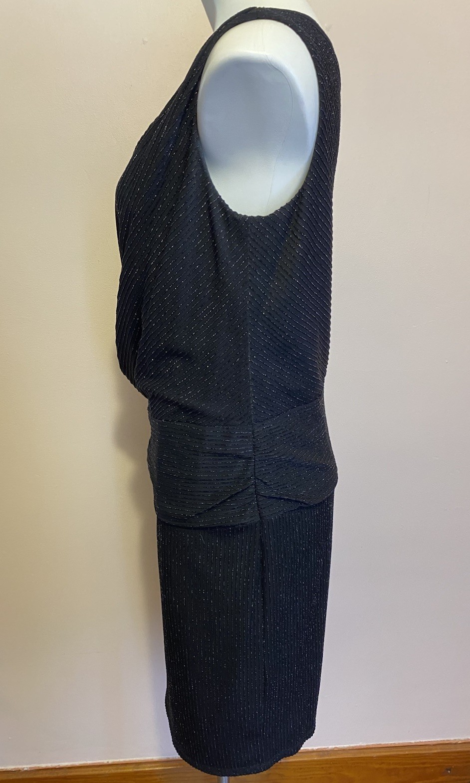 DAVID MEISTER Metallic Ribbed Draped Knot Asymmetric Neck Slvless Dress Black 12
