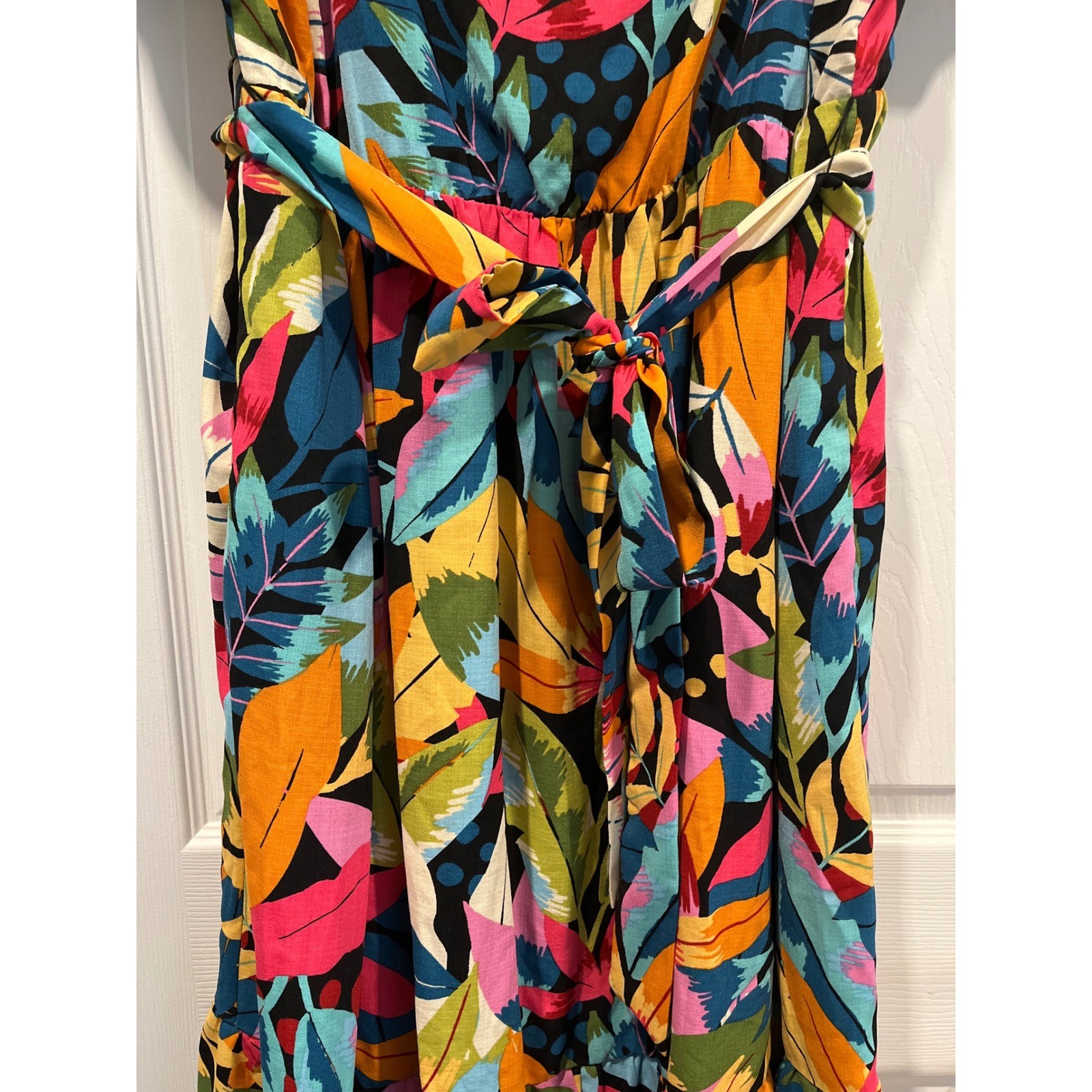 Maia Tropical Leaf Print Midi Dress Size 14W Puff Sleeve Smocked Back Belted