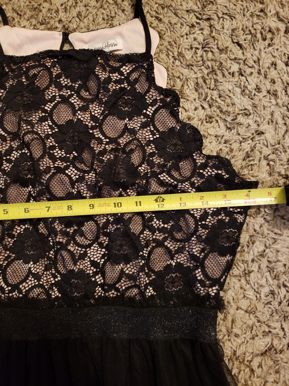SPEECHLESS DRESS JUNIOR LARGE SCALLOPED LACE TULLE BLACK FLESH LINING Formal