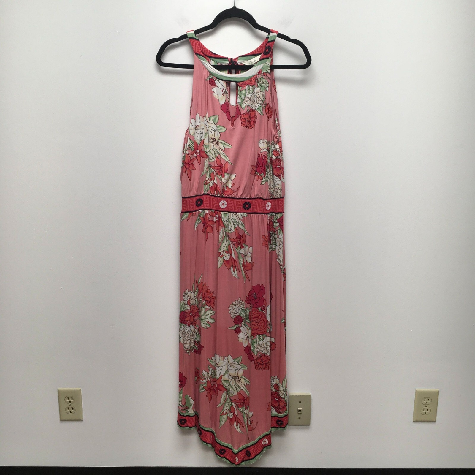 Soma Watermelon Pink Floral Scarf Hem Keyhole Sleeveless Stretch Midi Dress L