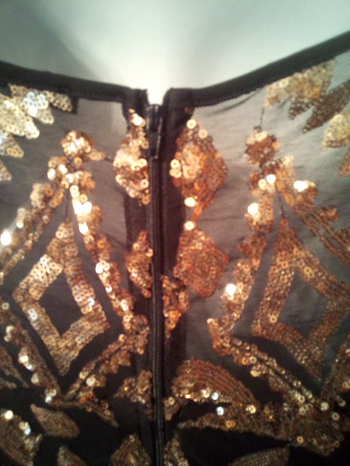 Fashion Nova~M~Sheer Black Gold Sequins Plunging Halter Dress Attached Panties~Q