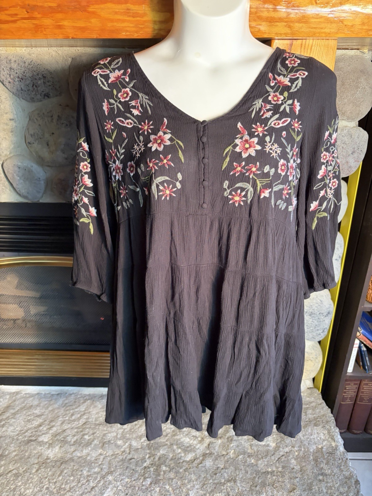 Black Bohemian Peasant Dress Festival Gauzy Crinkle Embroidered Tiered 2XL