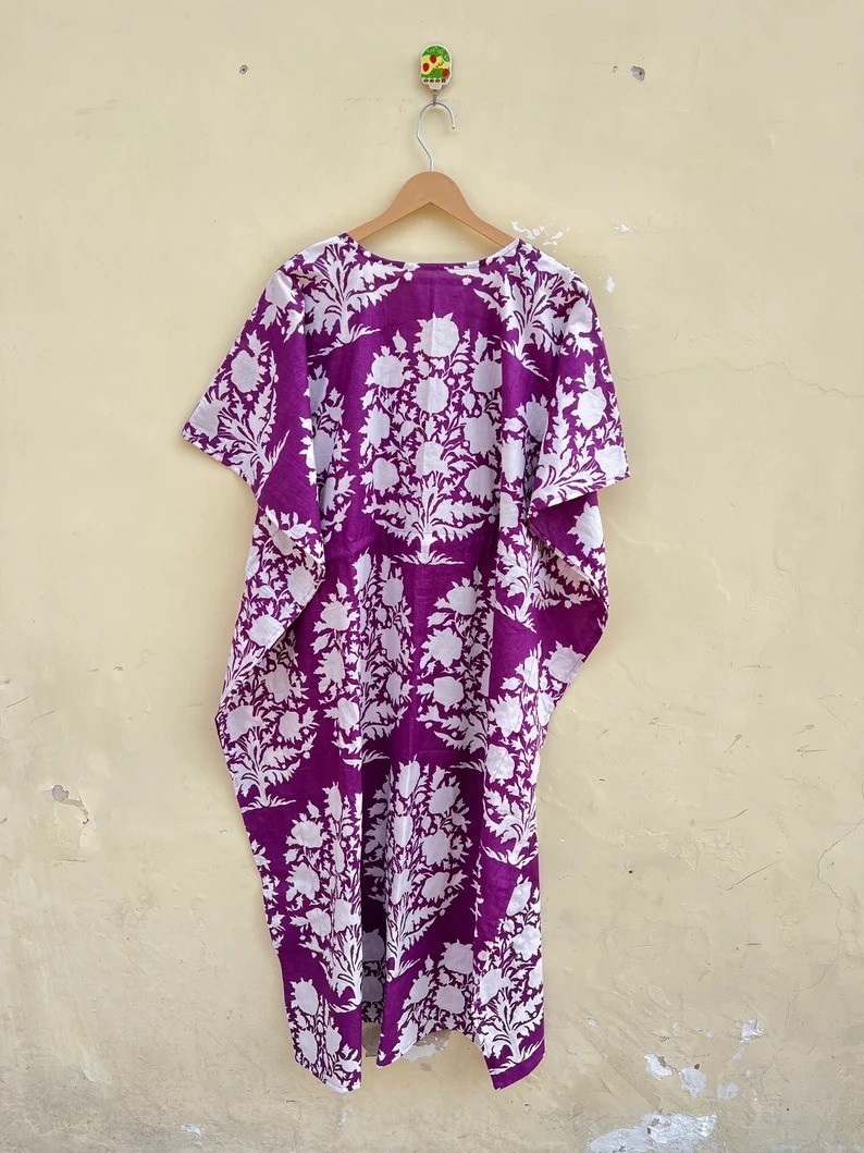 Indian Purple Floral Handmade Cotton Kaftan Maxi Dress Women’s Clothing Gown US