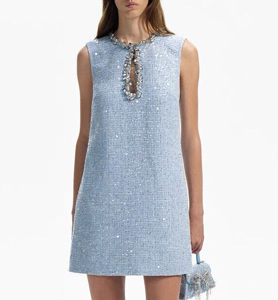Self-Portrait Polyester Sequins Sleeveless Mini Dress for Ladies Blue white PINK