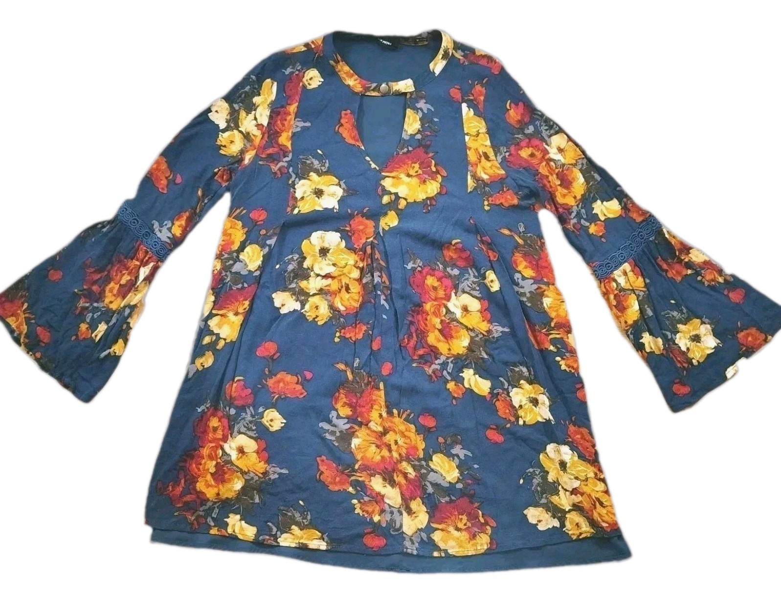 Blu Pepper Floral Dress Womens Medium Bell Sleeve Keyhole Neck Tunic