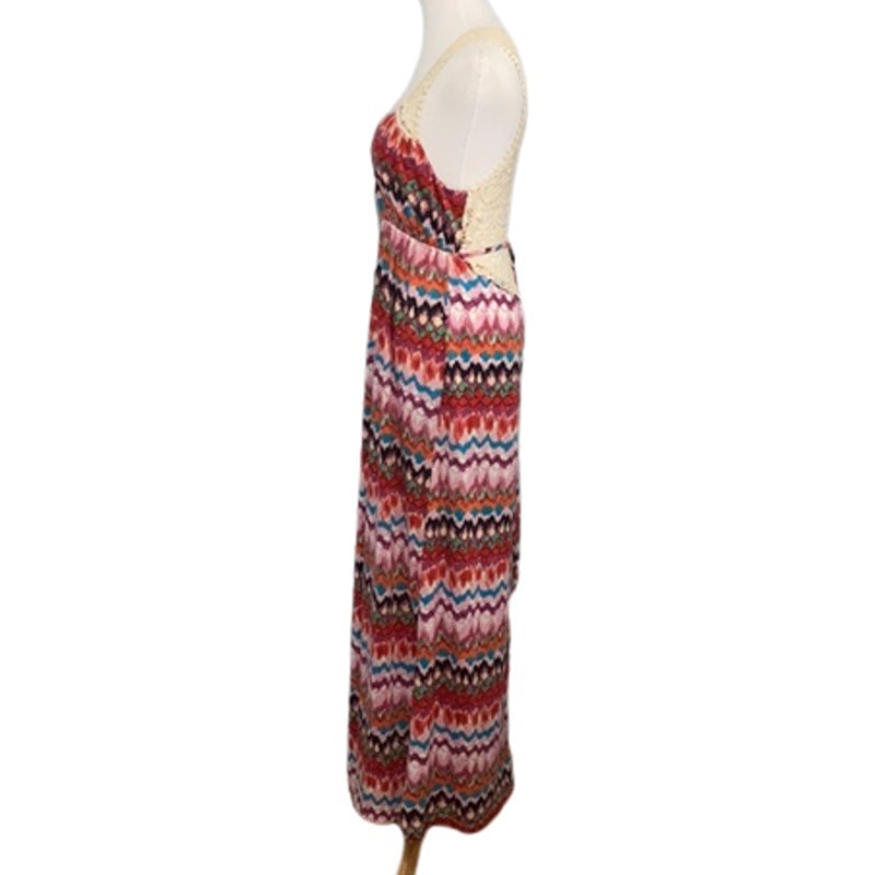 Karlie Red Maxi Dress Medium Multicolor Crochet Open Back Boho Festival Chevron