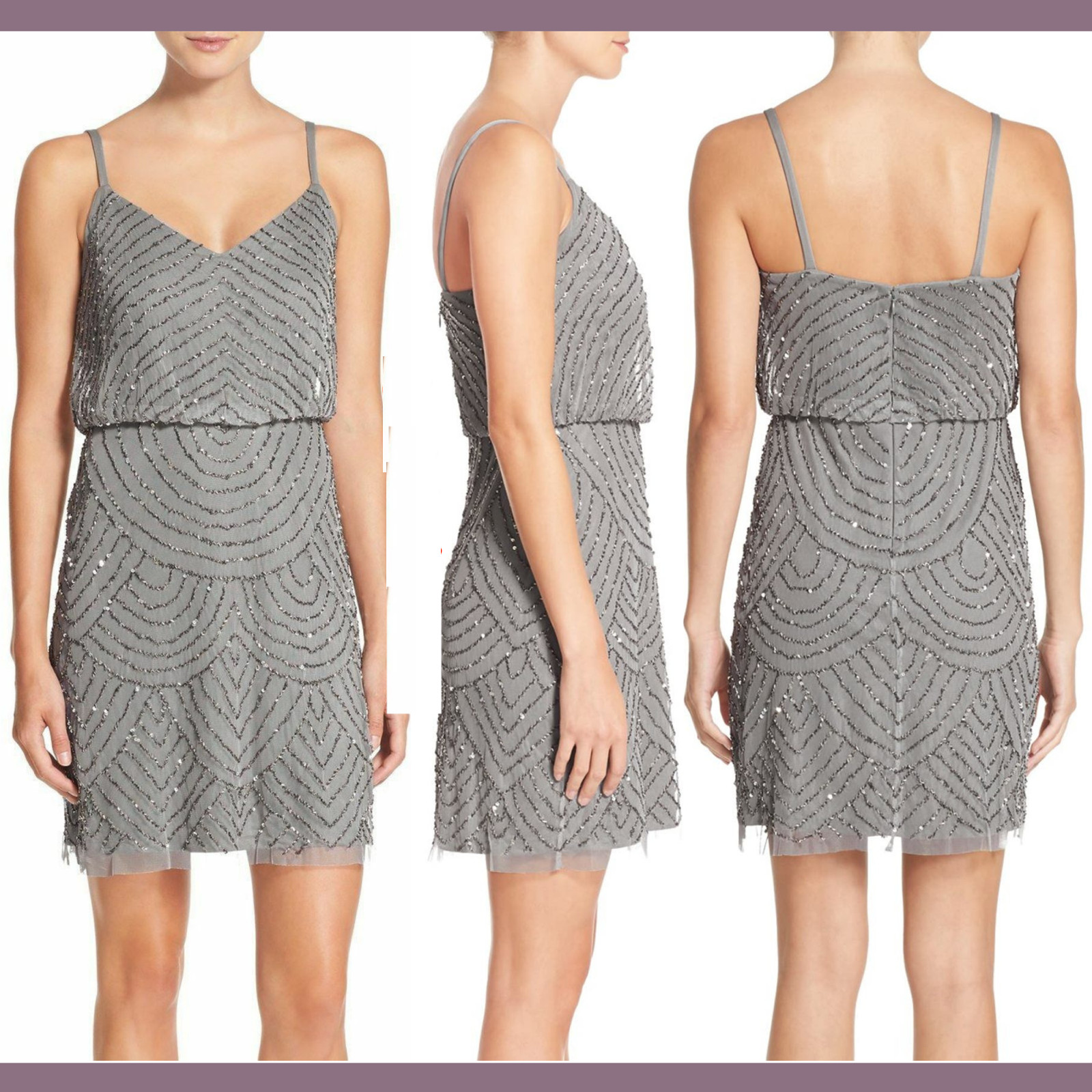 NEW Adrianna Papell [ 6 ] Art Deco Sequin Blouson Dress in Grey/Silver #M10