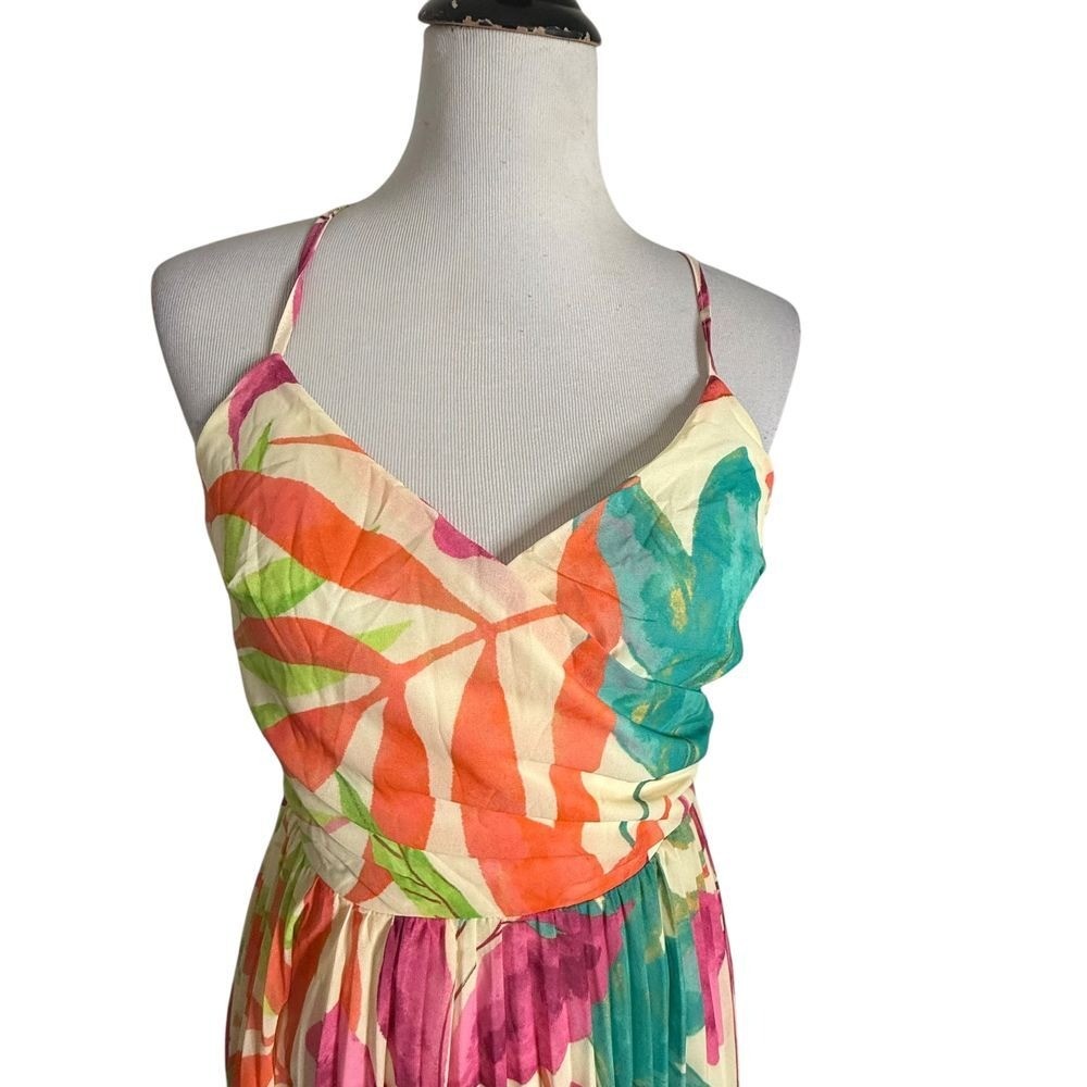 Flying Tomato Tropical Print Pleated Midi Dress Size S Open Back Vacation Beach