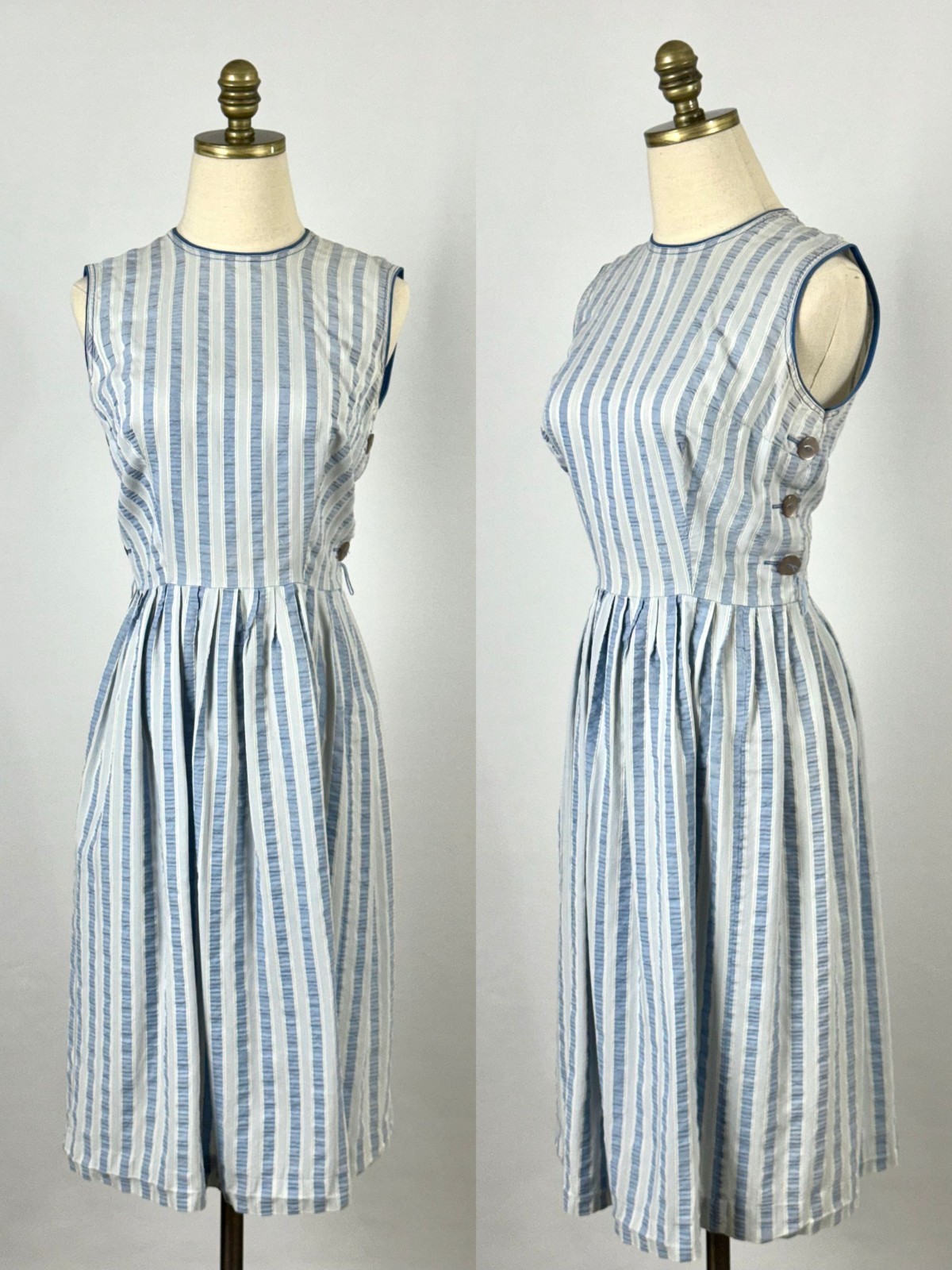 Vtg 50s 60s Blue Vertical Stripe Sleeveless Dress Buttons MCM Mid Century ILGWU