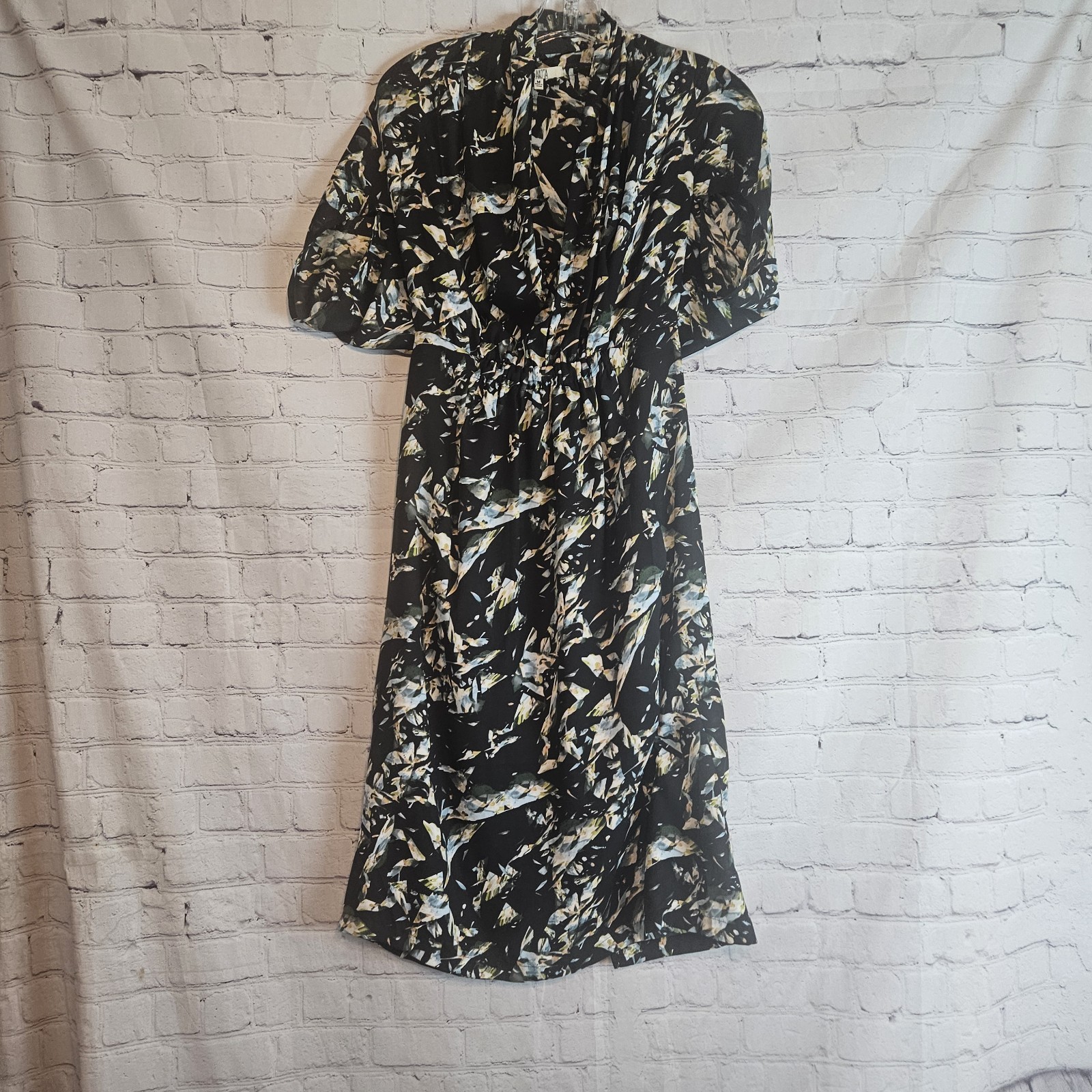 Bb Dakota Black Deep V Neck Back Cut Out Abstract Lined Dress W/ Pockets Sz M