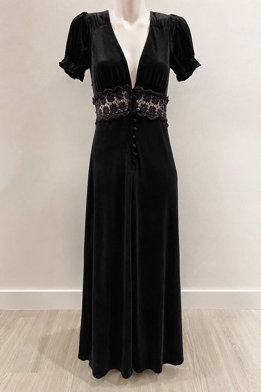 Black Velvet Princess Puff Sleeve Lace Inset Waist Whimsy Goth Maxi Dress S