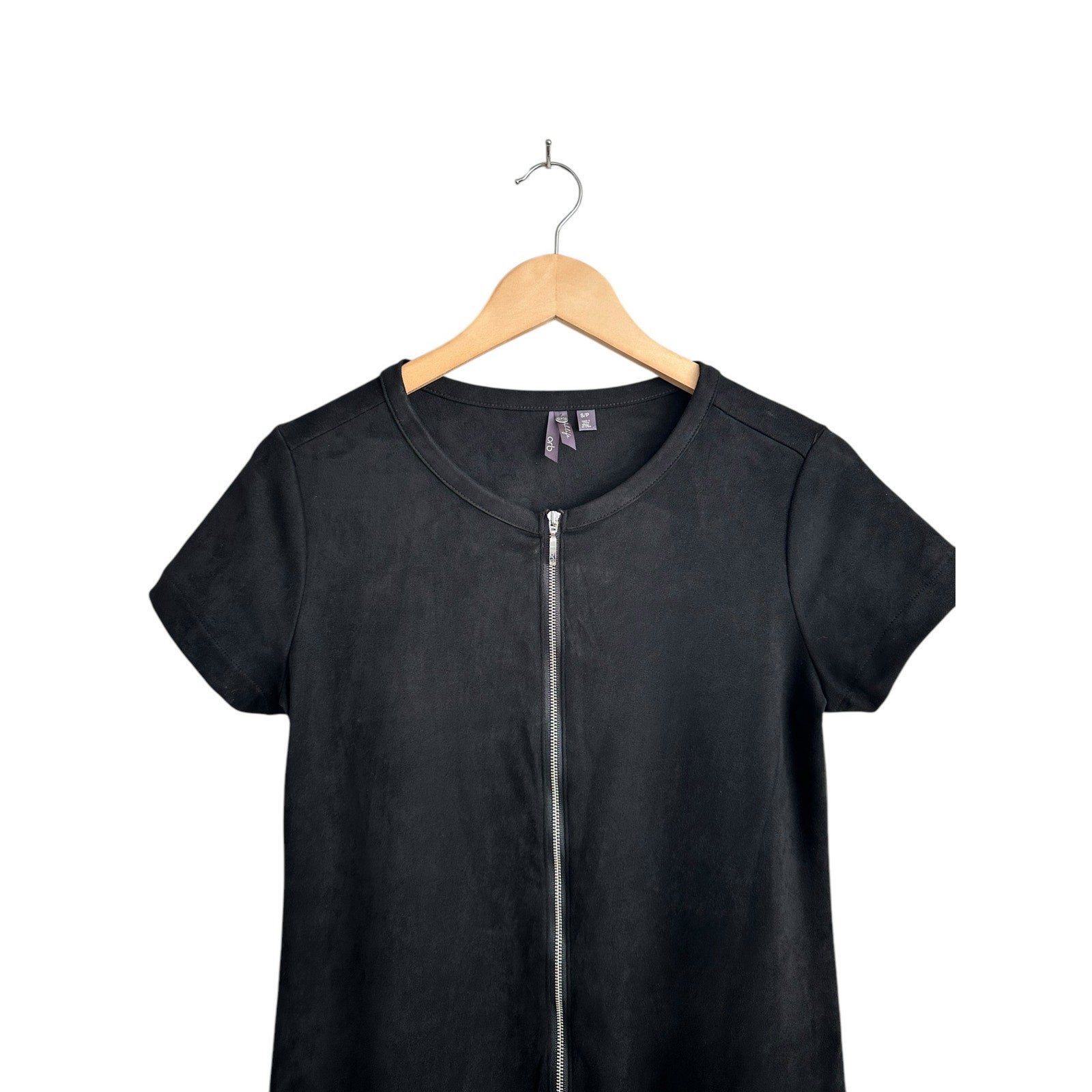 NEW Orb Life Faux Suede Full Front Zipper Short Sleeve Black Mini Dress Small