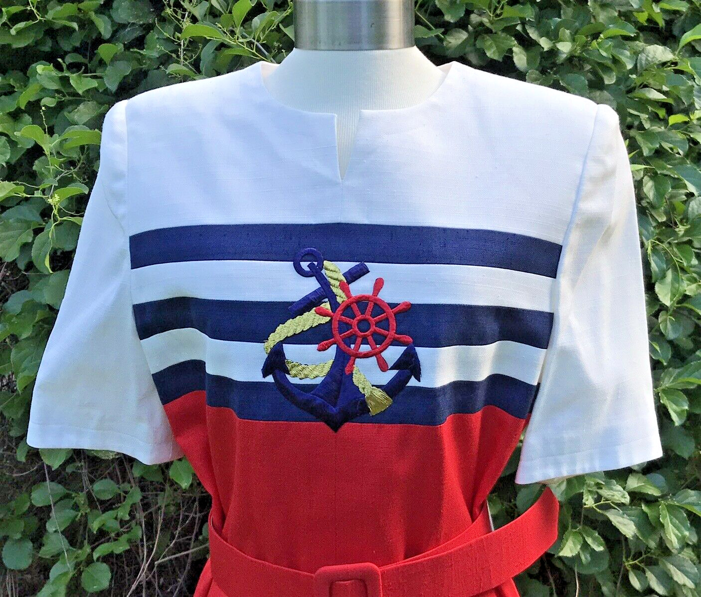 VTG 80s Midi Dress Women RED WHITE BLUE PATRIOTIC Block ANCHOR Preppy Nautical