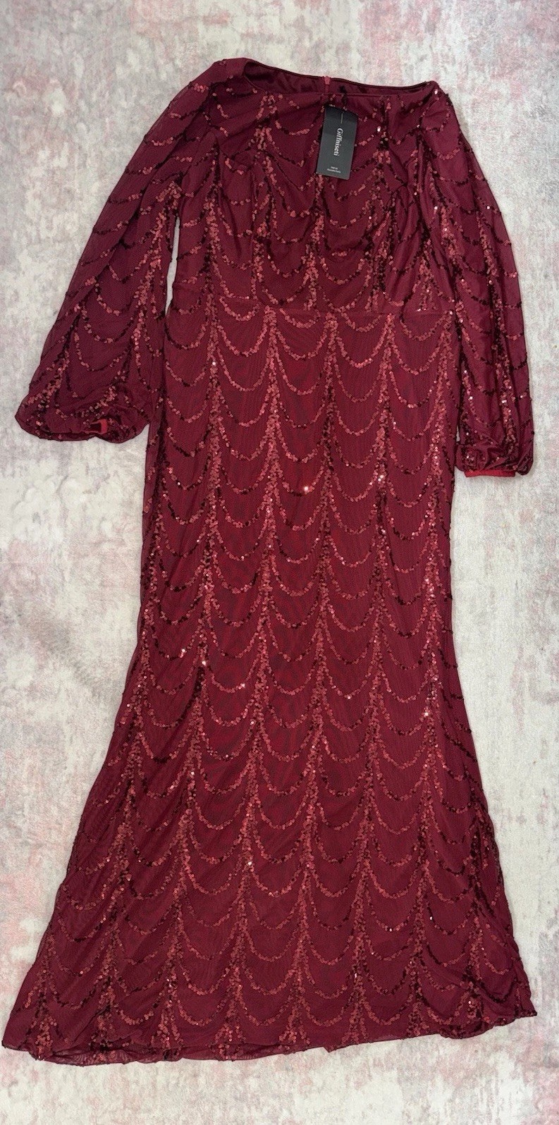 Griffinseri Burgundy Sequin Mesh Maxi Dress XL Regular 3/4 Puff Sleeve Zip