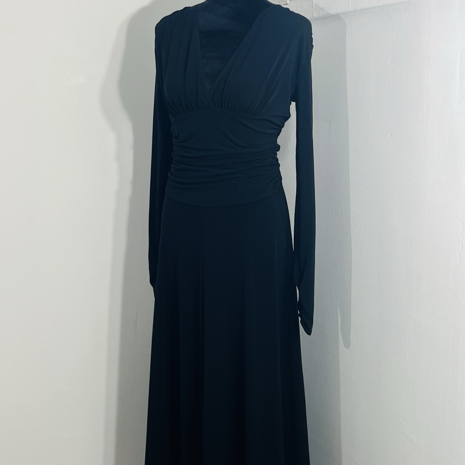 Shape FX V Neck Long Sleeve Ruched Maxi Slimming Body Hugging Sleek Silhouette